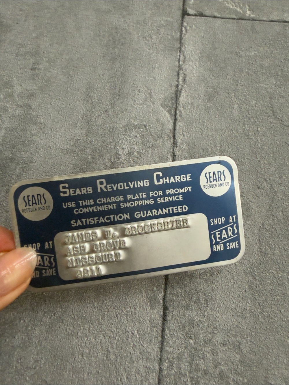 Vintage 50s Sears Revolving Charge plate embossed metal card Missouri